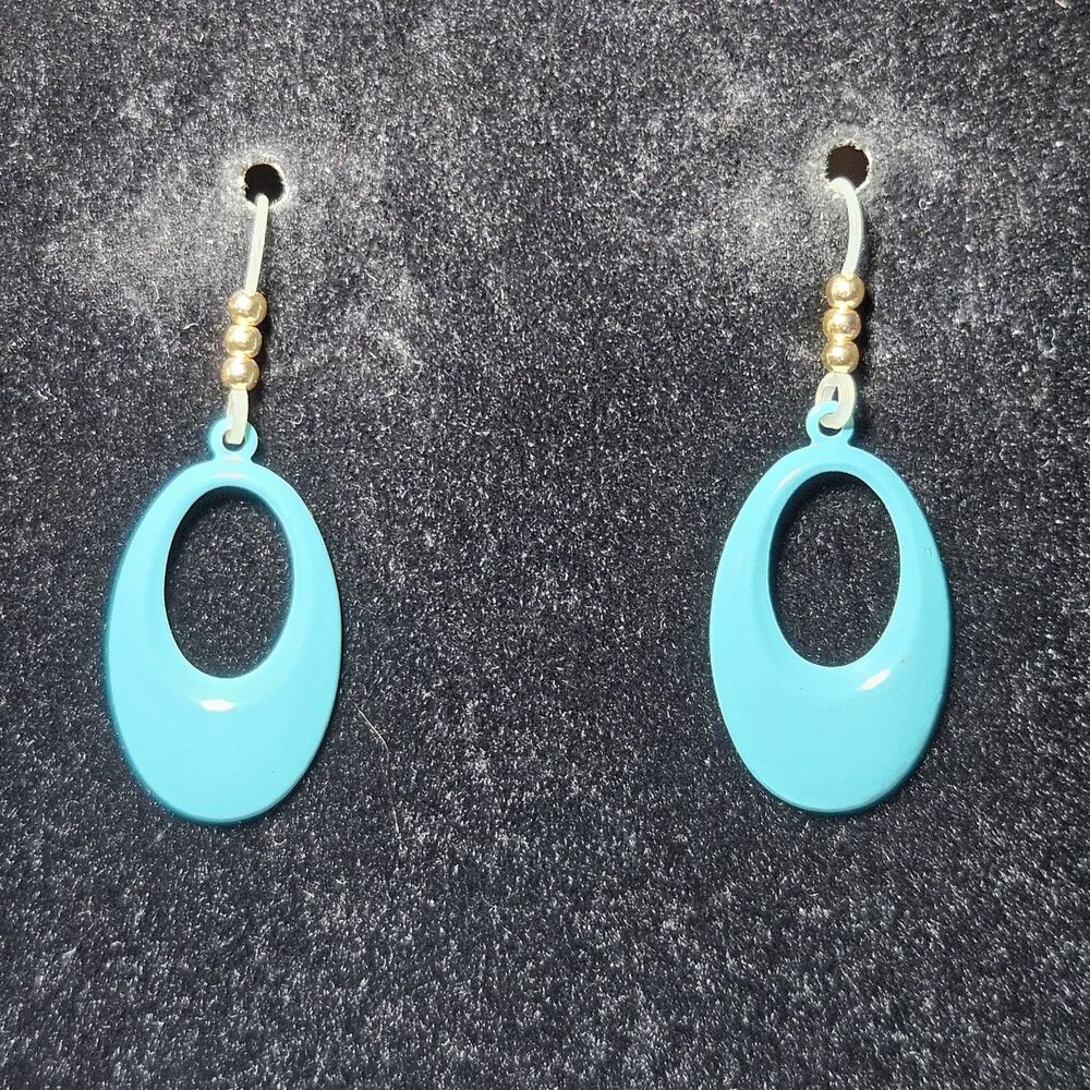 Blue Enamel Metal Dangling Ovals With Gold Bead Accent Earrings - Picture 4 of 11